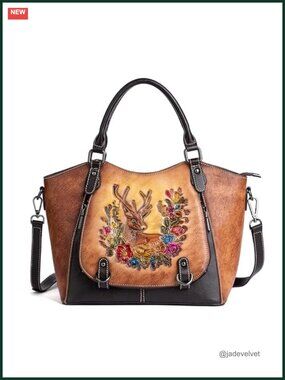Vintage Genuine Leather Satchel Handbag Floral Deer Top Handle Crossbody